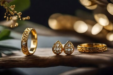 Golden jewellery setup. Golden jewelry fashion photography. Golden earrings fashion photography. Earrings presented on  tree branch. Women accessories. Selective focus.