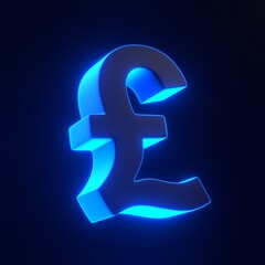 Obraz premium Pound sign with bright glowing futuristic blue neon lights on black background. 3D icon, sign and symbol. Cartoon minimal style. 3D render illustration