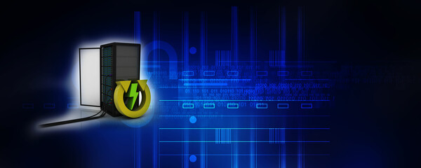 Naklejka premium 3d illustration Data center server with renewable energy sign 