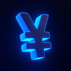 Obraz premium Yen sign with bright glowing futuristic blue neon lights on black background. 3D icon, sign and symbol. Cartoon minimal style. 3D render illustration