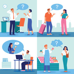 Flat young people asking questions card set