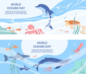 Hand drawn world oceans day horizontal banner template set
