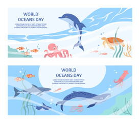 Hand drawn world oceans day horizontal banner template set with animals composition