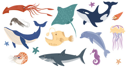 Hand drawn wildlife composition with sea animals - obrazy, fototapety, plakaty