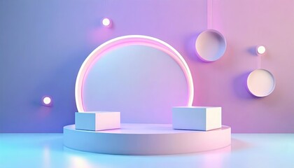abstract 3d shelf or white stand podium scene pastel color with neon ring background. AI generated.