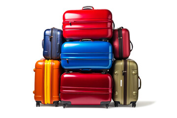 Luggage on an isolated white background. Lots of suitcases, bags and backpacks. Travel luggage. Vacation and travel concept