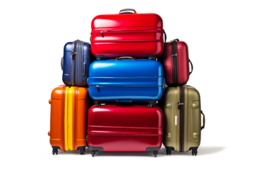 Luggage on an isolated white background. Lots of suitcases, bags and backpacks. Travel luggage. Vacation and travel concept