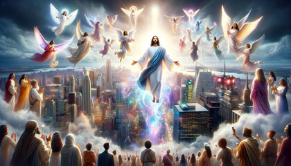Angelic Ascension: The Divine Rapture and Encounter with Jesus Amidst Heavenly Clouds.