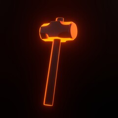 Hammer with bright glowing futuristic orange neon lights on black background. 3D icon, sign and symbol. Cartoon minimal style. 3D render illustration