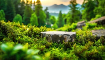 3D display podium green background with natural green grass and sun shadow. Nature minimal pedestal, beauty, cosmetic product presentation. AI generated.