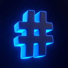 Hashtag symbol with bright glowing futuristic blue neon lights on black background. 3D icon, sign and symbol. Cartoon minimal style. 3D render illustration
