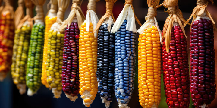 Various colored ear corn hung in a line on a branch. Vegetable wallpaper with different variety of tasty raw corn.
