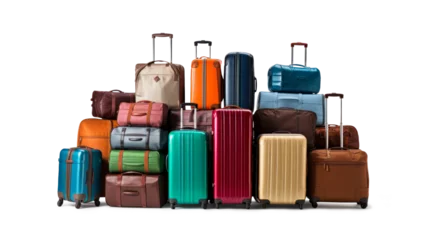 Fotobehang Luggage on an isolated white background. Lots of suitcases, bags and backpacks. Travel luggage. Vacation and travel concept © Anoo
