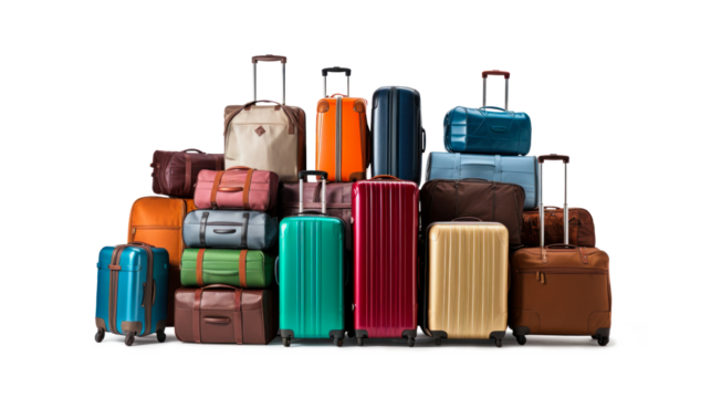 Luggage on an isolated white background. Lots of suitcases, bags and backpacks. Travel luggage. Vacation and travel concept - Powered by Adobe