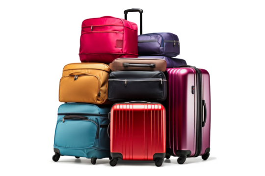 Luggage on an isolated white background. Lots of suitcases, bags and backpacks. Travel luggage. Vacation and travel concept