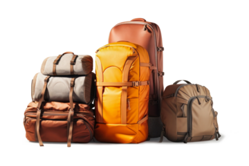 Luggage on an isolated white background. Lots of suitcases, bags and backpacks. Travel luggage. Vacation and travel concept