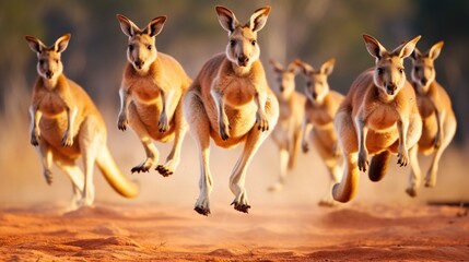 Agile kangaroos bounding across the vast Australian outback, their powerful hind legs propelling them effortlessly over the arid terrain.