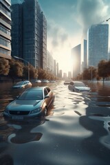 Urban flooding in a megapolis city with skyscrapers. High water level after heavy rain. Flooded cars on the street. Severe weather and flood concept. - obrazy, fototapety, plakaty