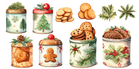 christmas cookies in a tins watercolor vectos 