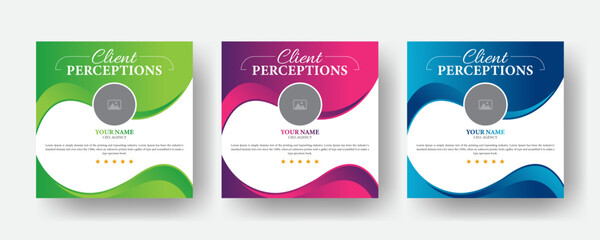 Client testimonial social media post design, client testimonials social media post banner design template, Square size 3 colorful layout.