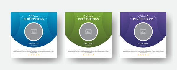 Creative and modern client testimonials social media post banner design template, Square size 3 colorful layout.