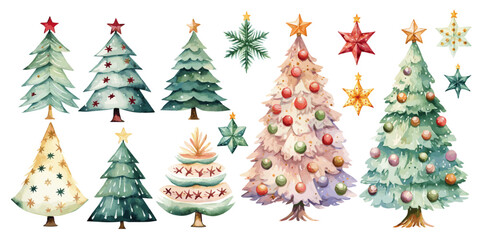 christmas trees set with star toppers vectors