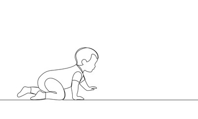 Continuous one line, the baby crawls on all fours. Side view. Outline banner. Vector contour linear illustration