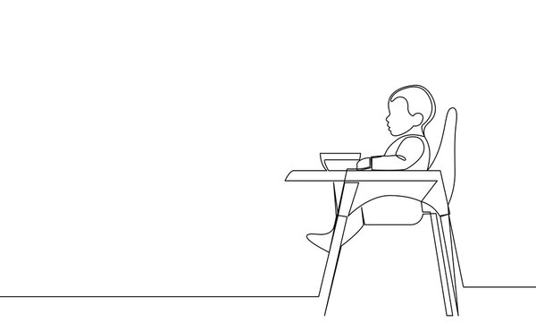 Continuous one line, the baby sits on a high chair for children. Side view. Outline banner. Vector contour linear illustration