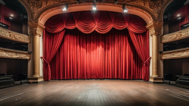 Red Velvet Curtains in Theatrical Setting.