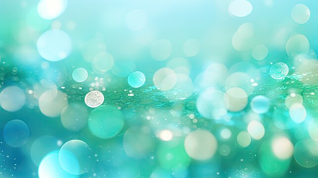 Ethereal turquoise and blue bokeh light effect for a magical background. Soft focus on sparkling circles of light in dreamy blue hues for festive decoration.