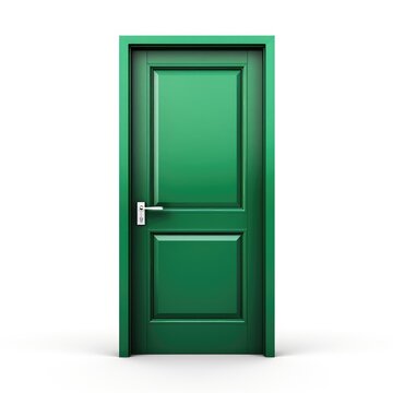 Green door on white background with copy space.