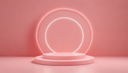 Sweet pink, white cylinder pedestal podium. Geometric shape platform. Circle neon backdrop. Minimal wall scene. AI generated.