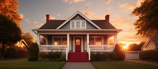 Sunset behind a suburban house with porch pillars and red door - Powered by Adobe