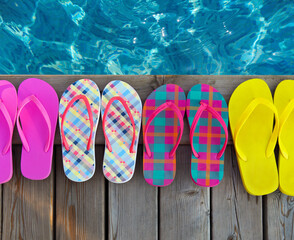 Naklejka premium Brightly colored flip-flops on wooden background