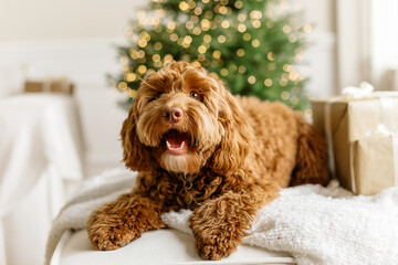 Close up portrait of a young brown labradoodle dog is proudly sitting in front a decorated christmas tree. Cute puppy play at home, new year decorated interior. - obrazy, fototapety, plakaty