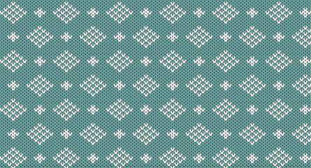 White geomatric on green knitted pattern, Festive Sweater Design, Seamless Knitted Pattern, Vintage fashion design.