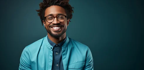 Deurstickers Mockup, portrait and black man with glasses, smile and optometry on a green studio background. Face, person and model with eyewear, clear vision and happiness with optometrist, sight and looking © Allistair/Peopleimages - AI