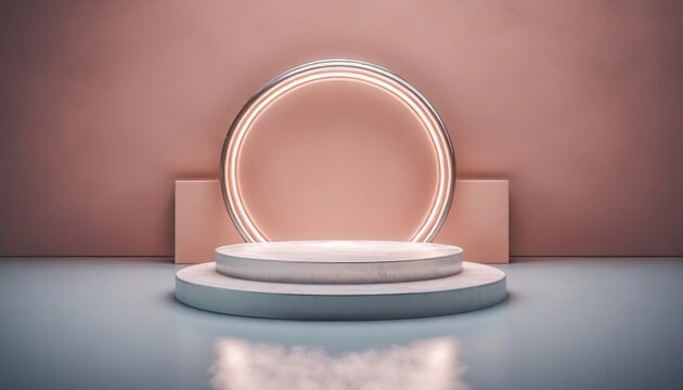 Valentine concept. 3d products podium with pink neon and Plants background. AI generated.