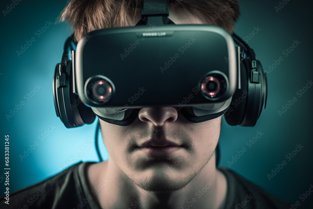 Aufkleber generative ai person using virtual reality goggles 3d augmented experience exited digital world head