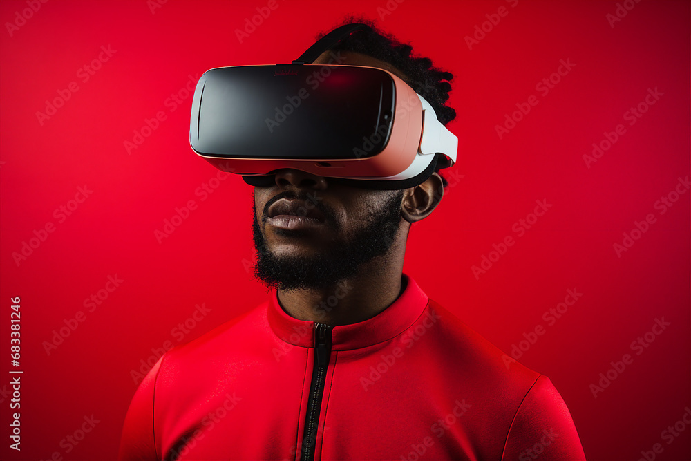 Poster generative ai person using virtual reality goggles 3d augmented experience exited digital world head