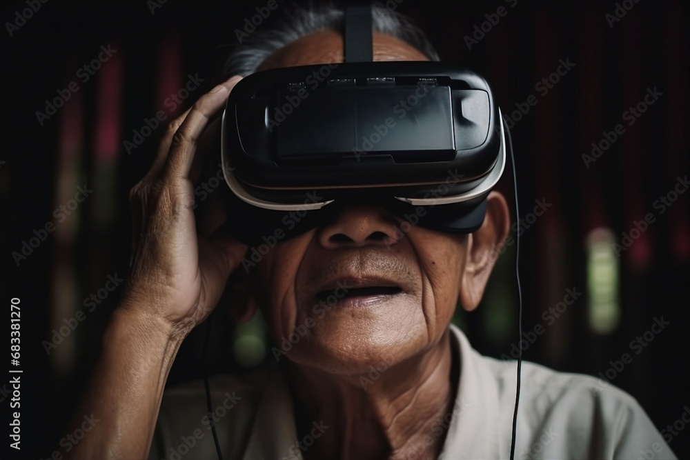 Aufkleber generative ai person using virtual reality goggles 3d augmented experience exited digital world head