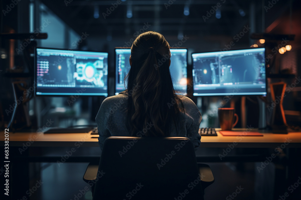 Aufkleber genius hacker person in modern office against cyber code background generative ai