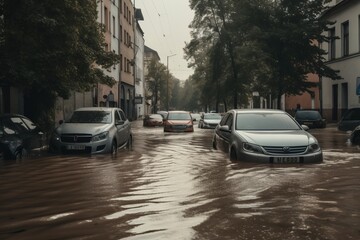 Urban flooding in a small city or town. High water level after heavy rain. Flooded cars on the street. Severe weather and flood concept.