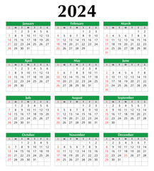2024 year calendar. English, vertical. Modern vector illustration