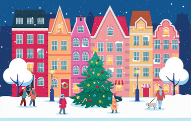 Obraz na płótnie Canvas christmas town panorama with people and christmas tree in the night. Winter landscape with houses. Christmas winter old town street. christmas town city panorama. Snowy winter, vector illustration