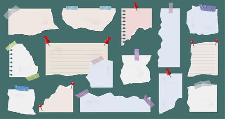 Pinned torn paper notes backgrounds. Scrapbook style note frame, ripped edge pieces of paper with tape and pushpin vector set