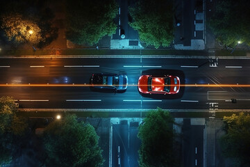 Aerial. A car with its headlights on drives over a pedestrian crosswalk at night. Top view from drone - obrazy, fototapety, plakaty