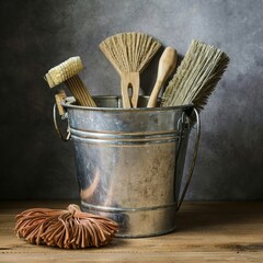 Old wash bucket with mop and brushes - obrazy, fototapety, plakaty