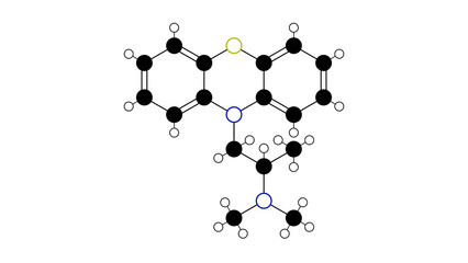 promethazine molecule, structural chemical formula, ball-and-stick model, isolated image first-generation antihistamine - obrazy, fototapety, plakaty
