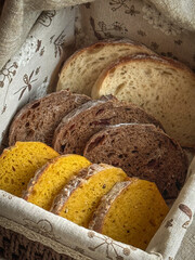 Basket of baked sourdough bread .